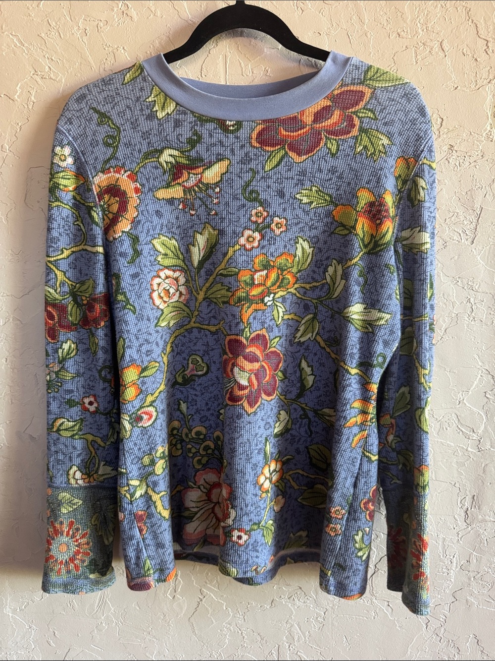 Sundance Floral Waffle Knit Long Sleeve Thermal Henley Top Blue Boho Cottagecore